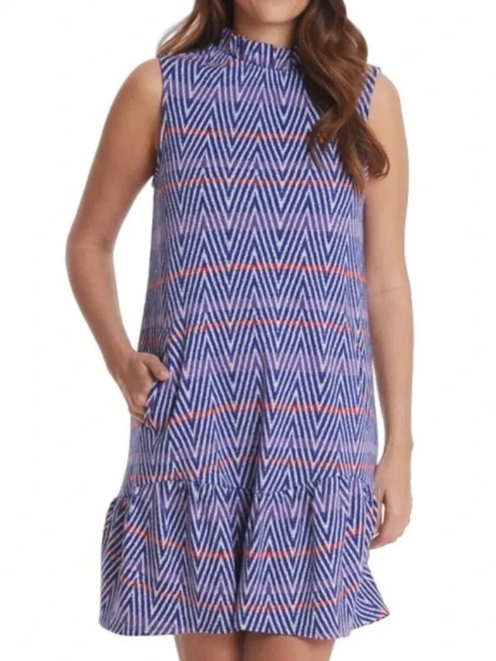 Tyler Boe Sleeveless Mindy Shift Dress Small Poppy Chevron blue‎ high mock neck